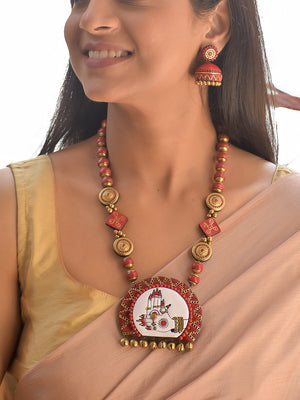 Select Style_Jhumka | Terracotta Red Beaded Necklace with Hand-Painted Tribal Village Pendant