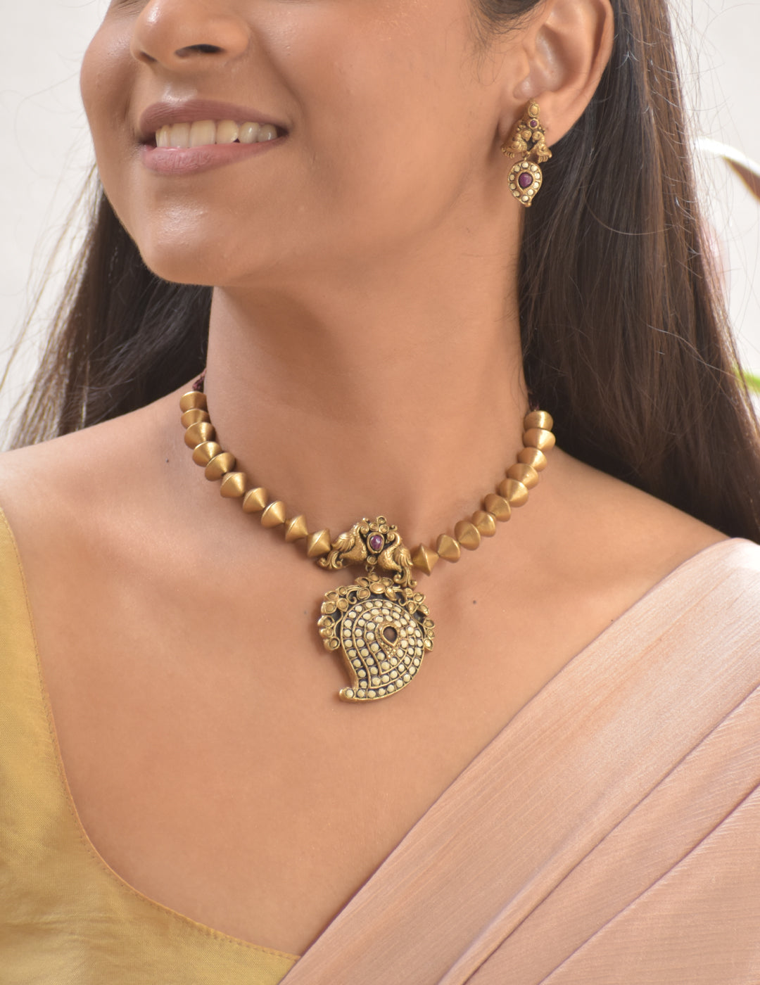 Terracotta Cone Bead Necklace with Peacock Motif & White Paisley Pendant