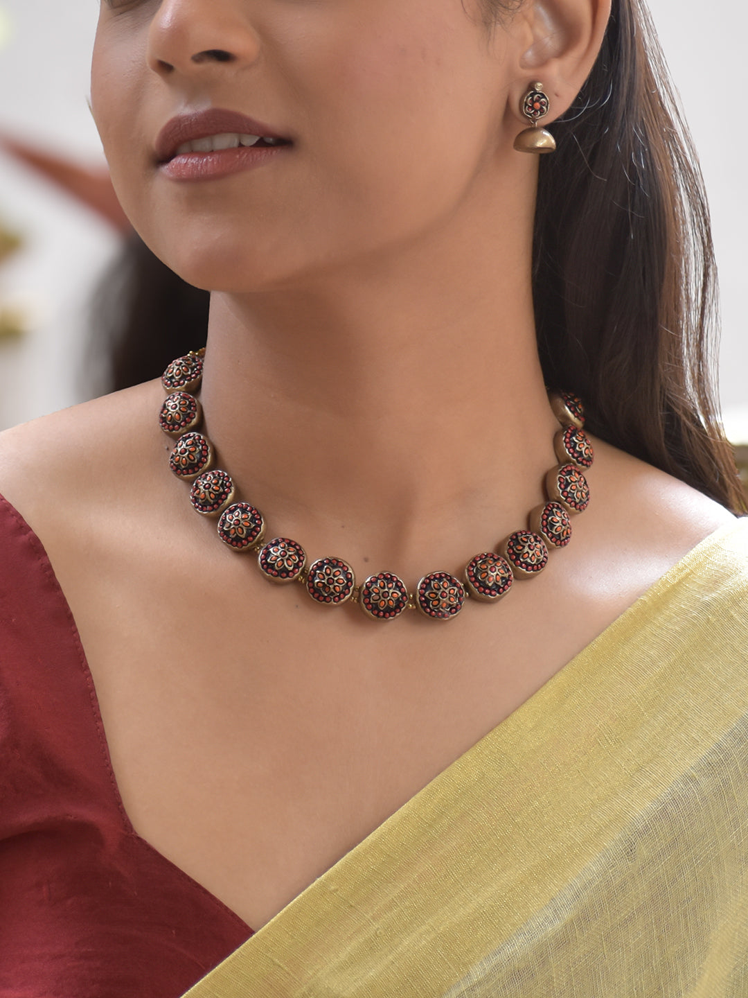 Terracotta Black and Red Round Bead Necklace with Floral Motif & Earrings