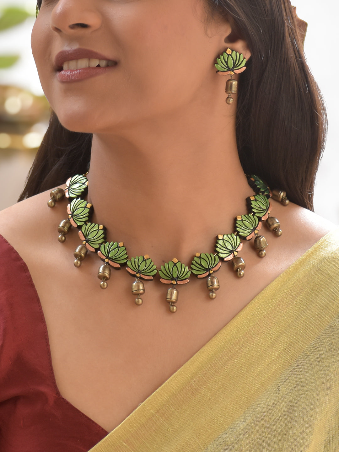 Terracotta Green Lotus Necklace with Golden Bell Drops & Earrings