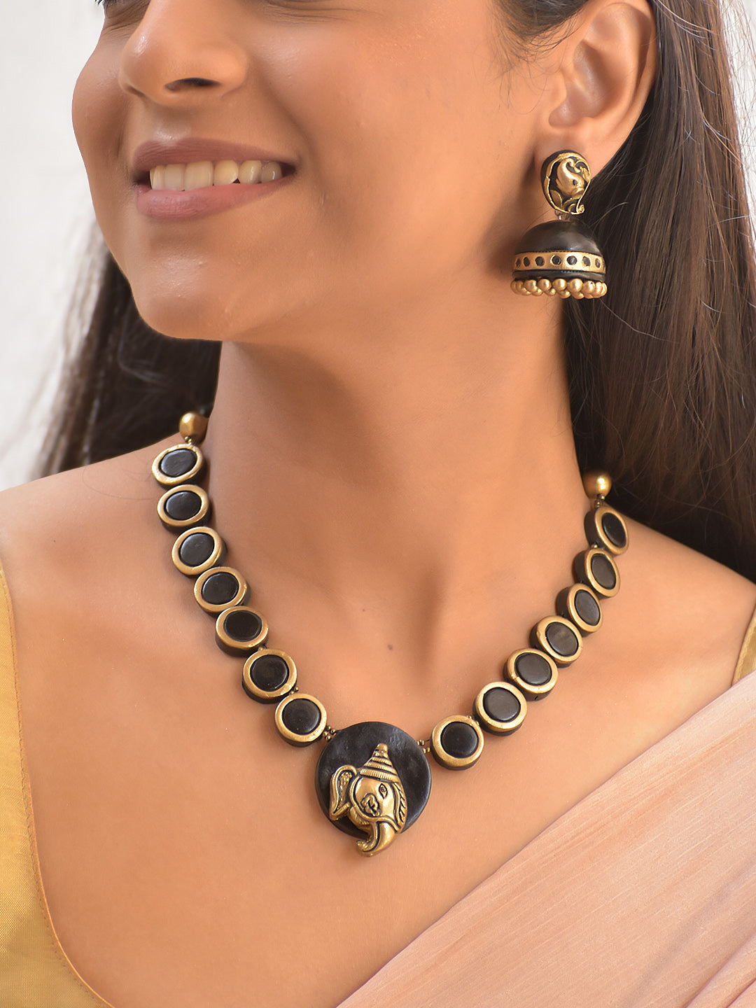 Terracotta Black Round Bead Necklace with Ganesha Pendant & Jhumka Earrings