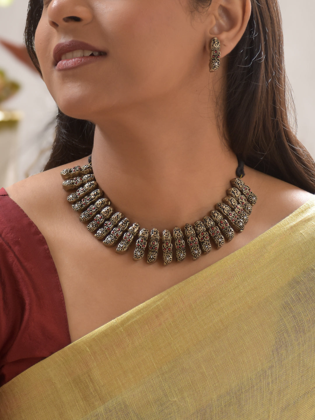 Terracotta Antique Floral Engraved Necklace with Matching Earrings