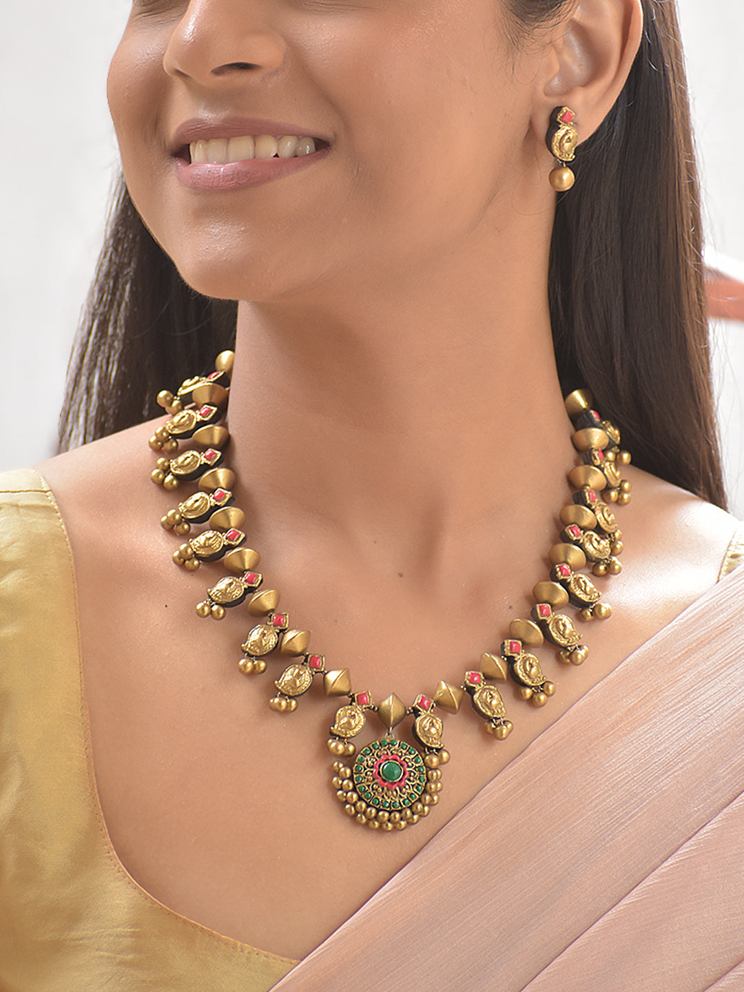 Terracotta Gold-Toned Floral Paisley Necklace with Red-Green Color & Earrings