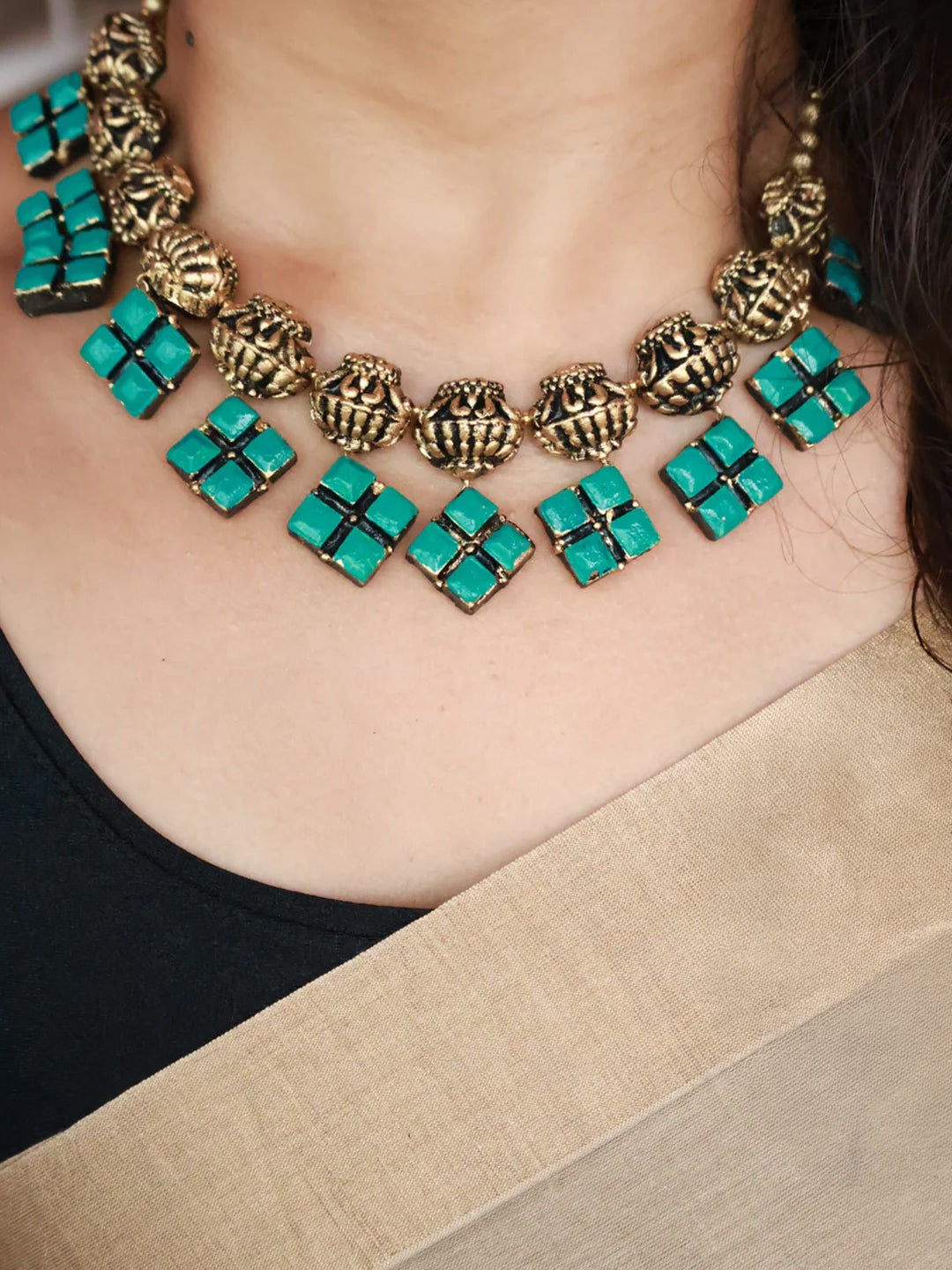 Turquoise Cube Antique Statement Terracotta Necklace Set