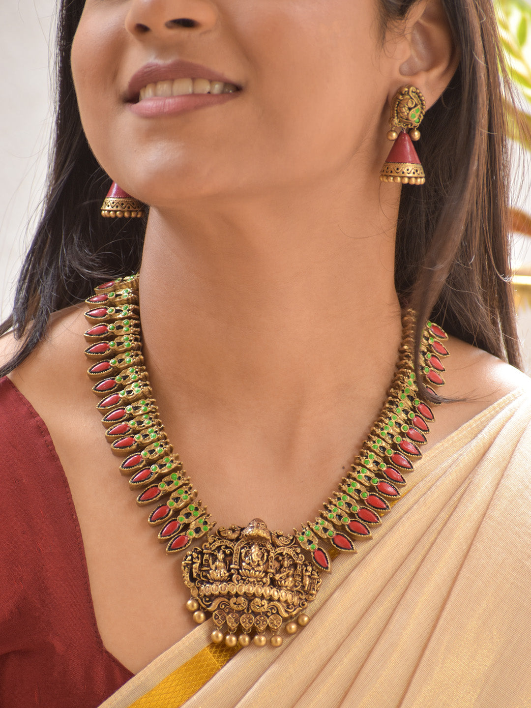 Terracotta Antique Ganesha Lakshmi Saraswati Temple Necklace Set with Ruby-Green Detailing
