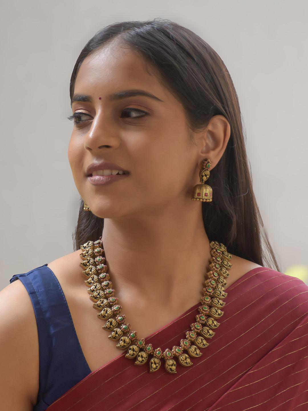 Amalaka - Handcrafted Terracotta Mango Motif Necklace Set with Green-Red Floral Accents and Antique Finish Earrings