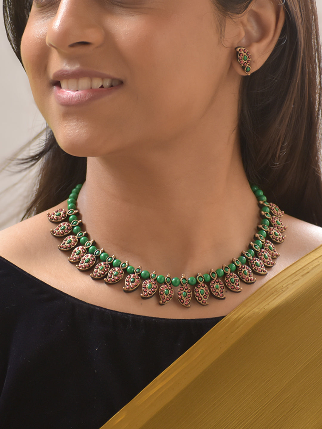 Verdhara - Mango Green Leaf Motif Terracotta Necklace Set Stud Earrings