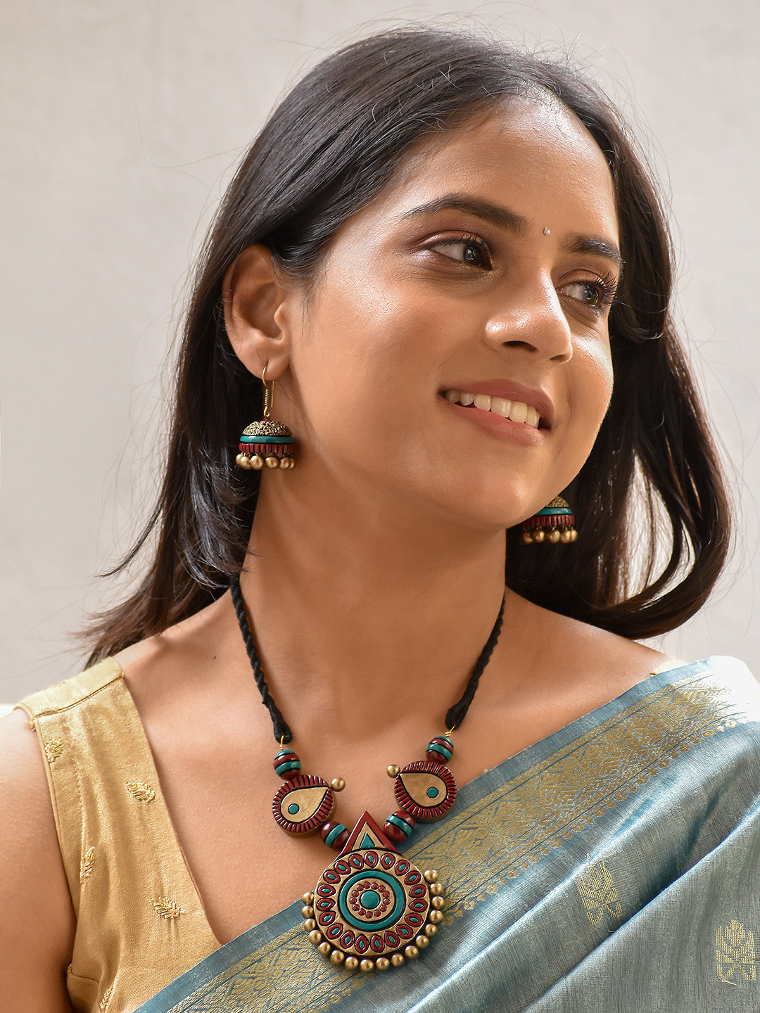 Varnika — Beautifully Handcrafted Geometric Terracotta Jewellery Set in Teal, Maroon & Antique Bronze