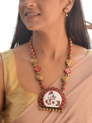 Select Style_Studs | Terracotta Red Beaded Necklace with Hand-Painted Tribal Village Pendant