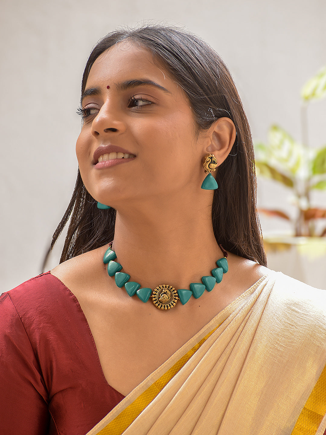Terracotta Maroon Triangle Bead Necklace Set with Peacock Motif Pendant