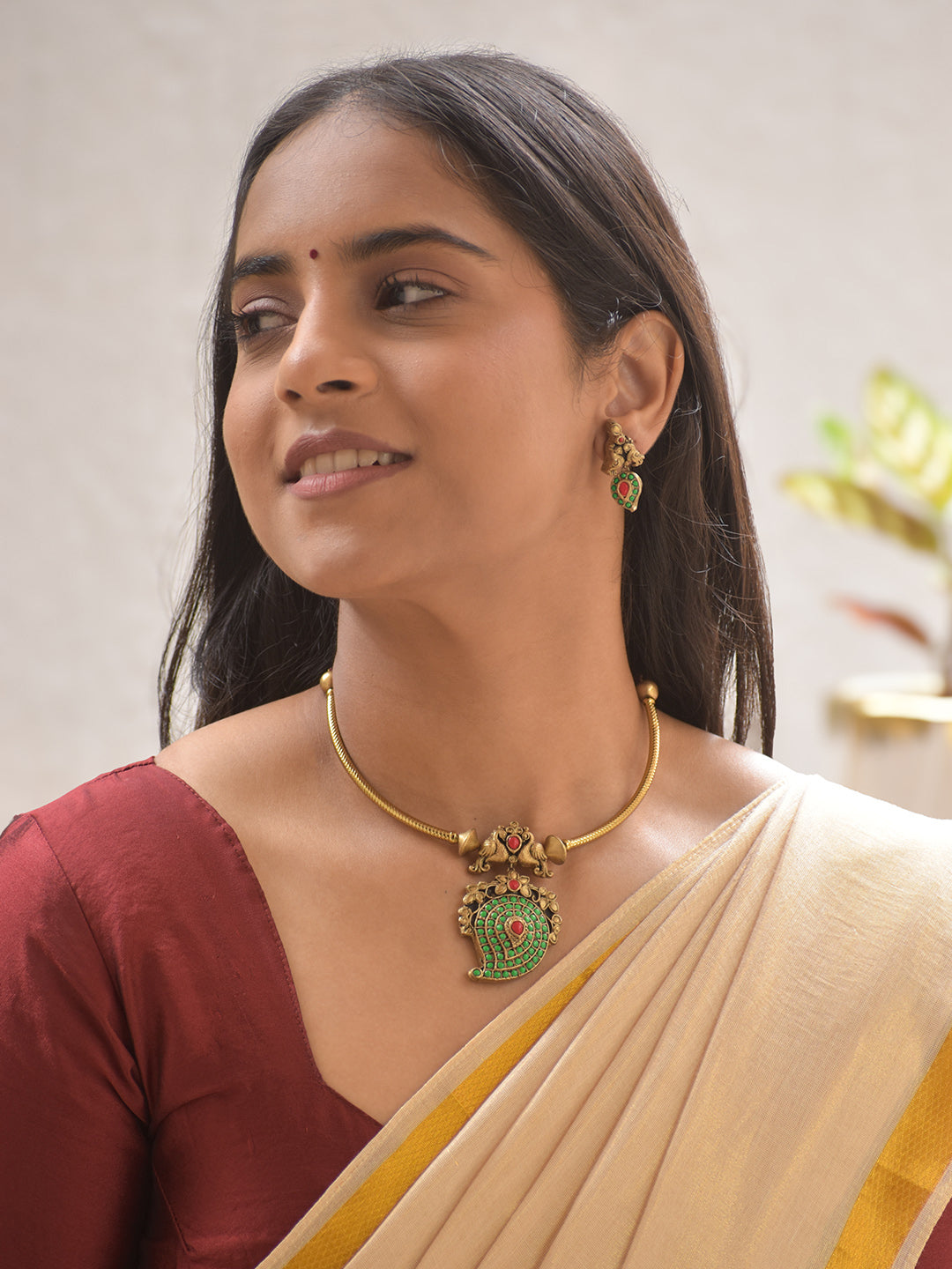 Terracotta Peacock Pendant Necklace Set with Green and Ruby Accents