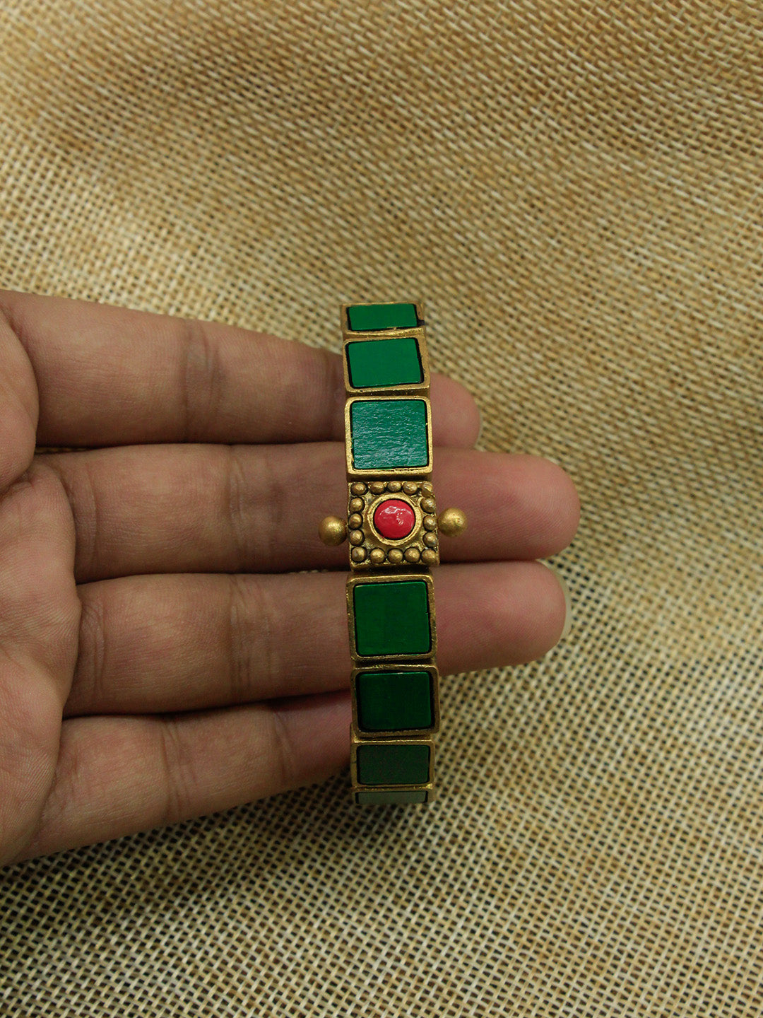 Banguri — Green Pink Antique Gold Square Design Handmade Terracotta Bangle