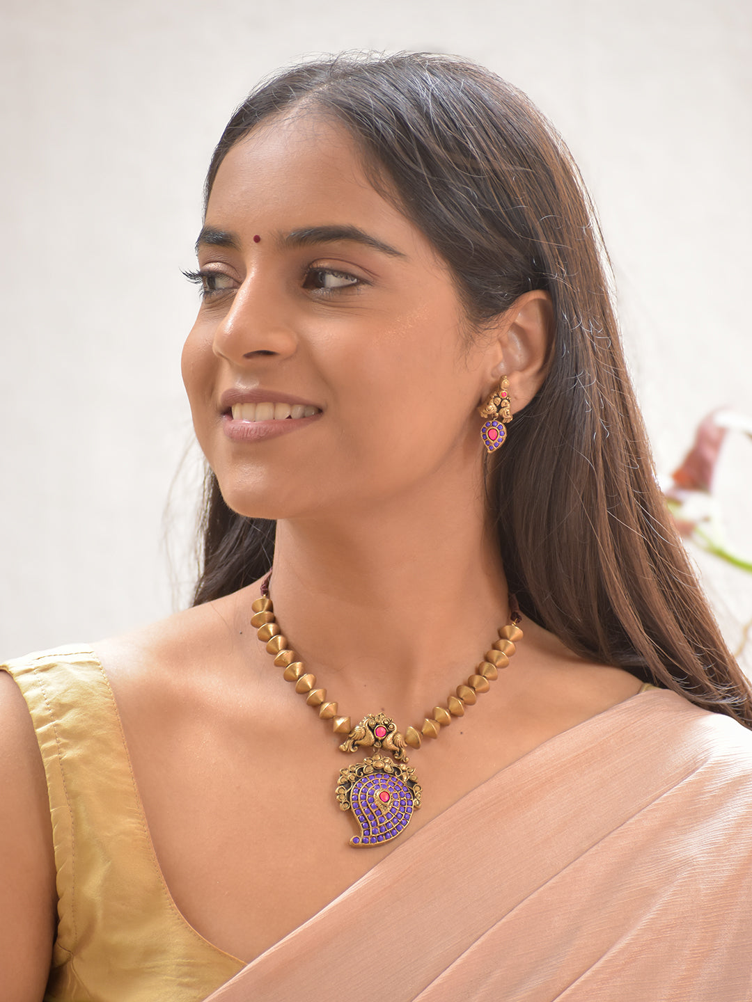 Terracotta Cone Bead Necklace with Peacock Motif & Purple-Red Paisley Pendant