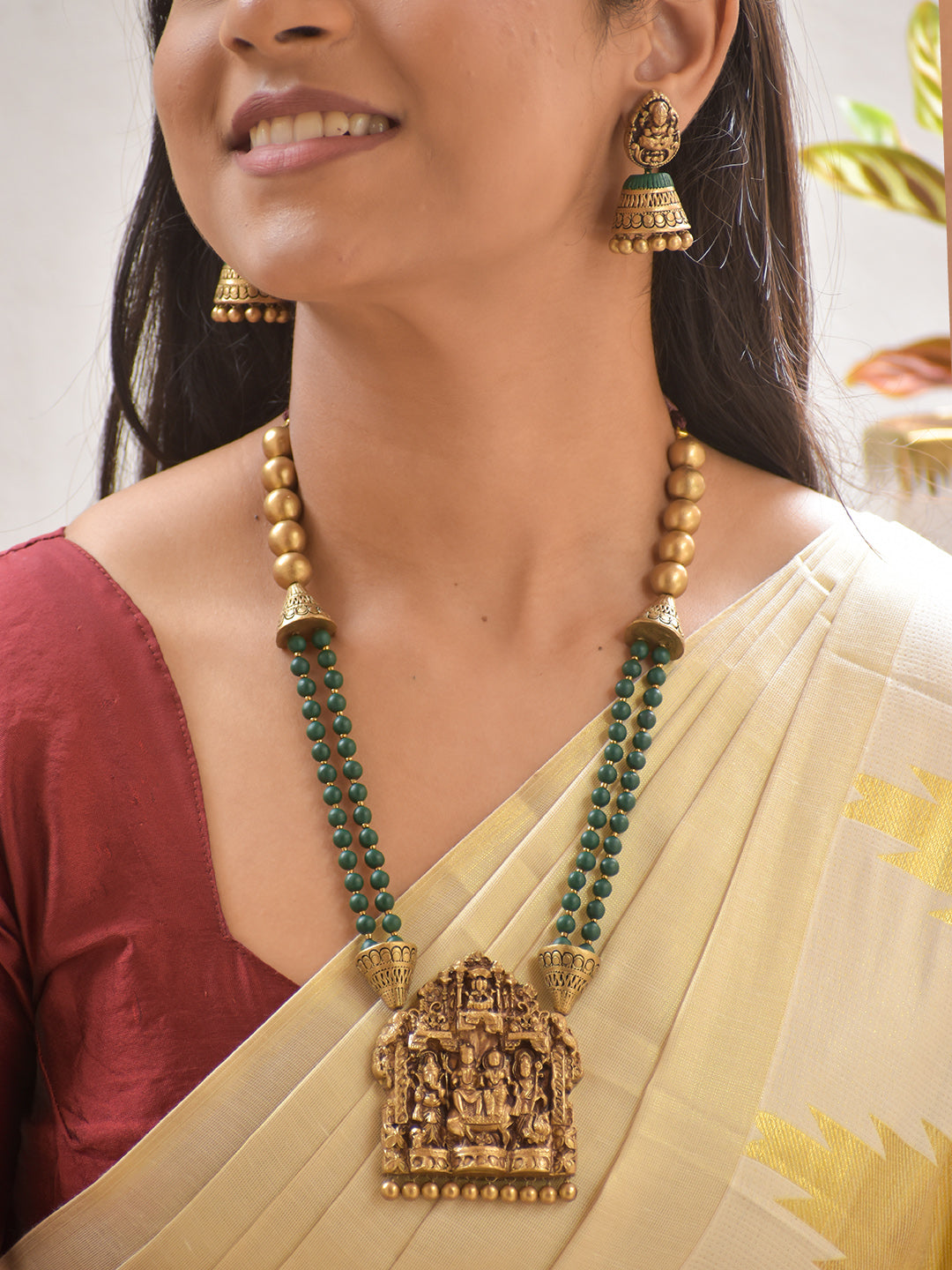 Terracotta Antique Shiva Parvati Ganesha Subramanya Temple Necklace Set with Dual Green Beads