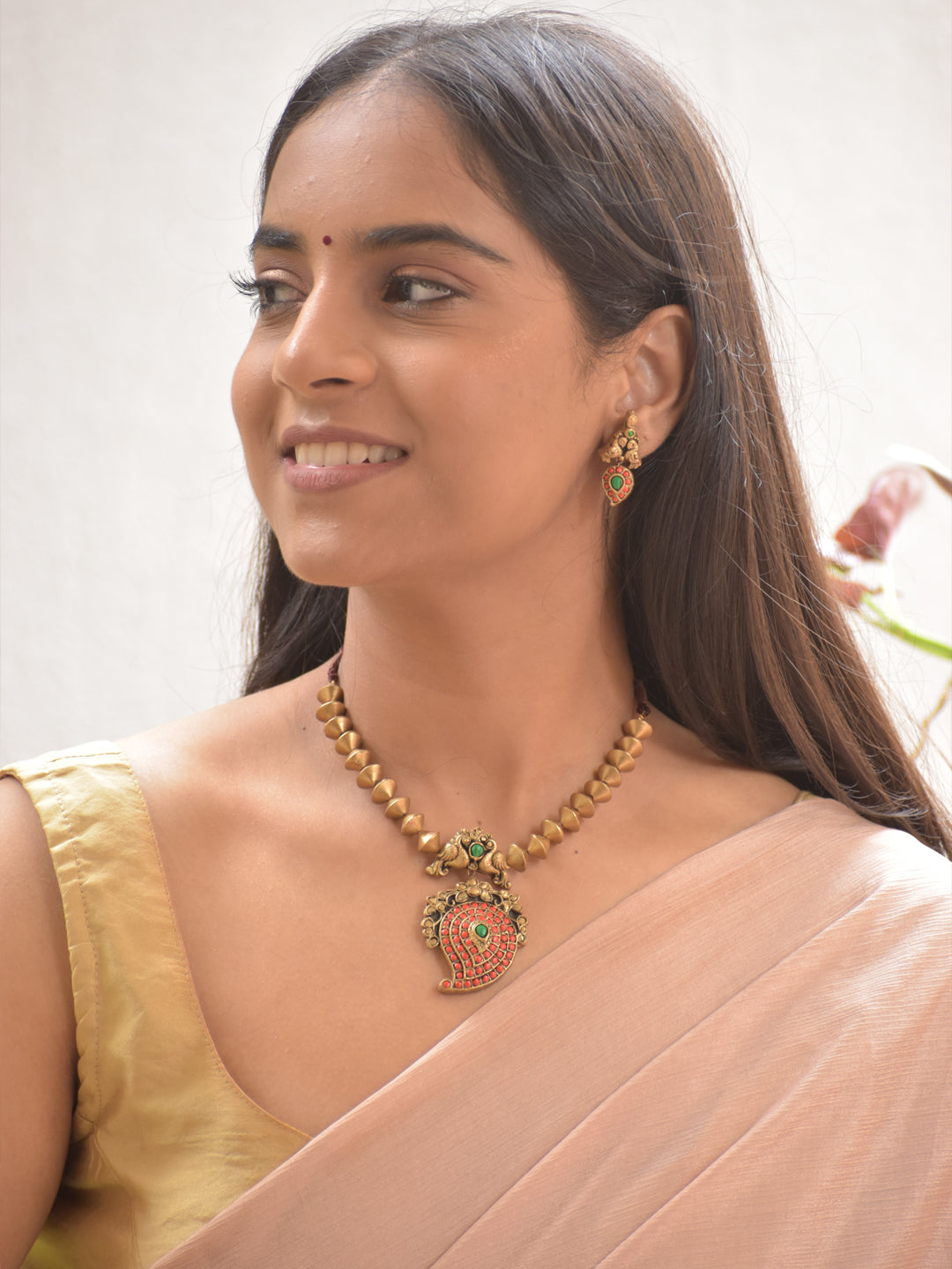 Terracotta Cone Bead Necklace with Peacock Motif & Red Paisley Pendant