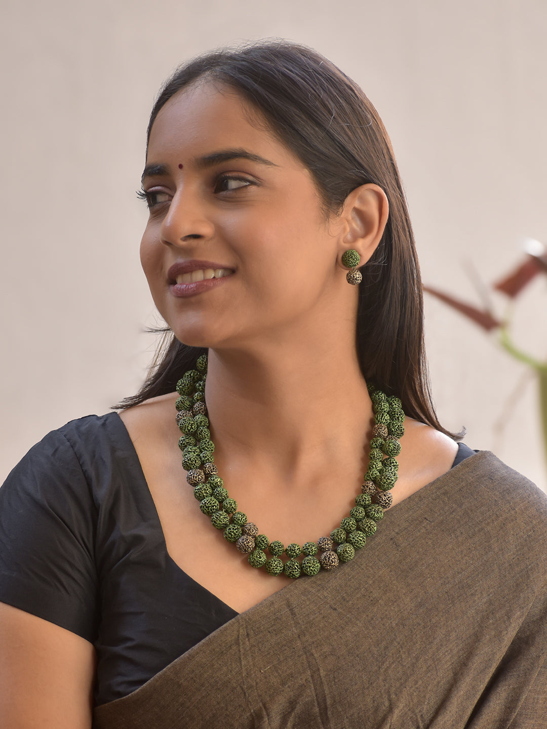 Terracotta Green Textured Bead Necklace with Matching Earrings