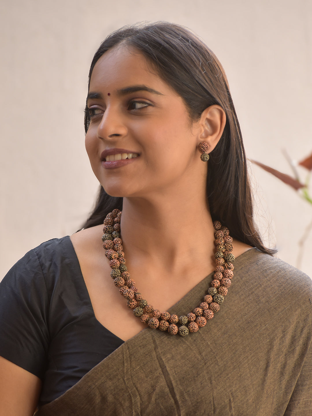 Terracotta Brown Textured Bead Necklace with Matching Earrings