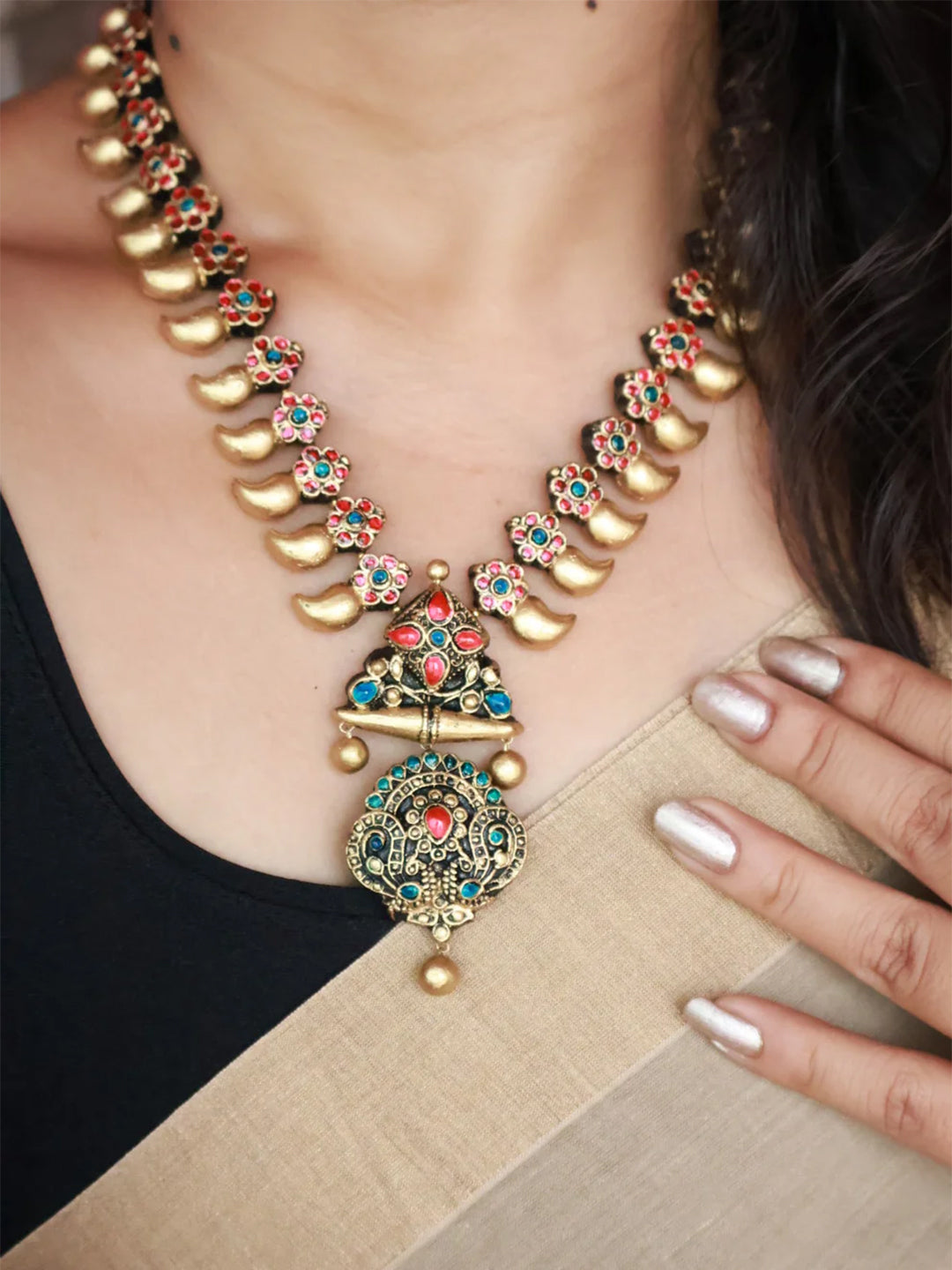 Antique Floral Temple Terracotta Necklace Set with Crescent Charms