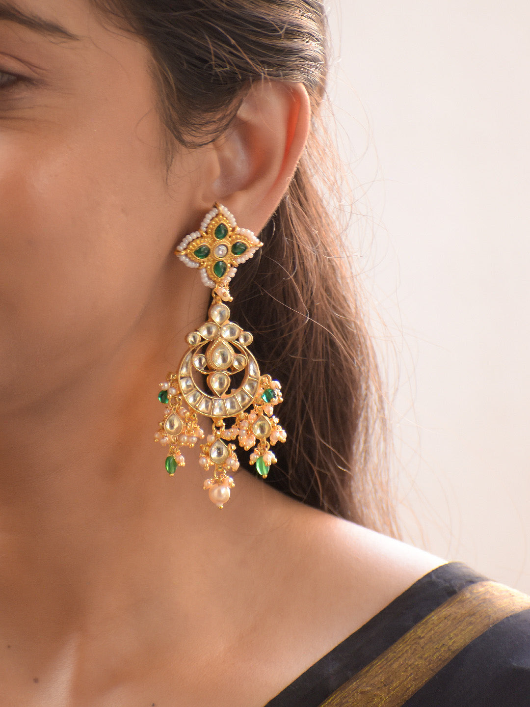 Premium Crafted 18K Gold Plated Kundan Drop Earrings with Polki, Green Accents, and Pearls