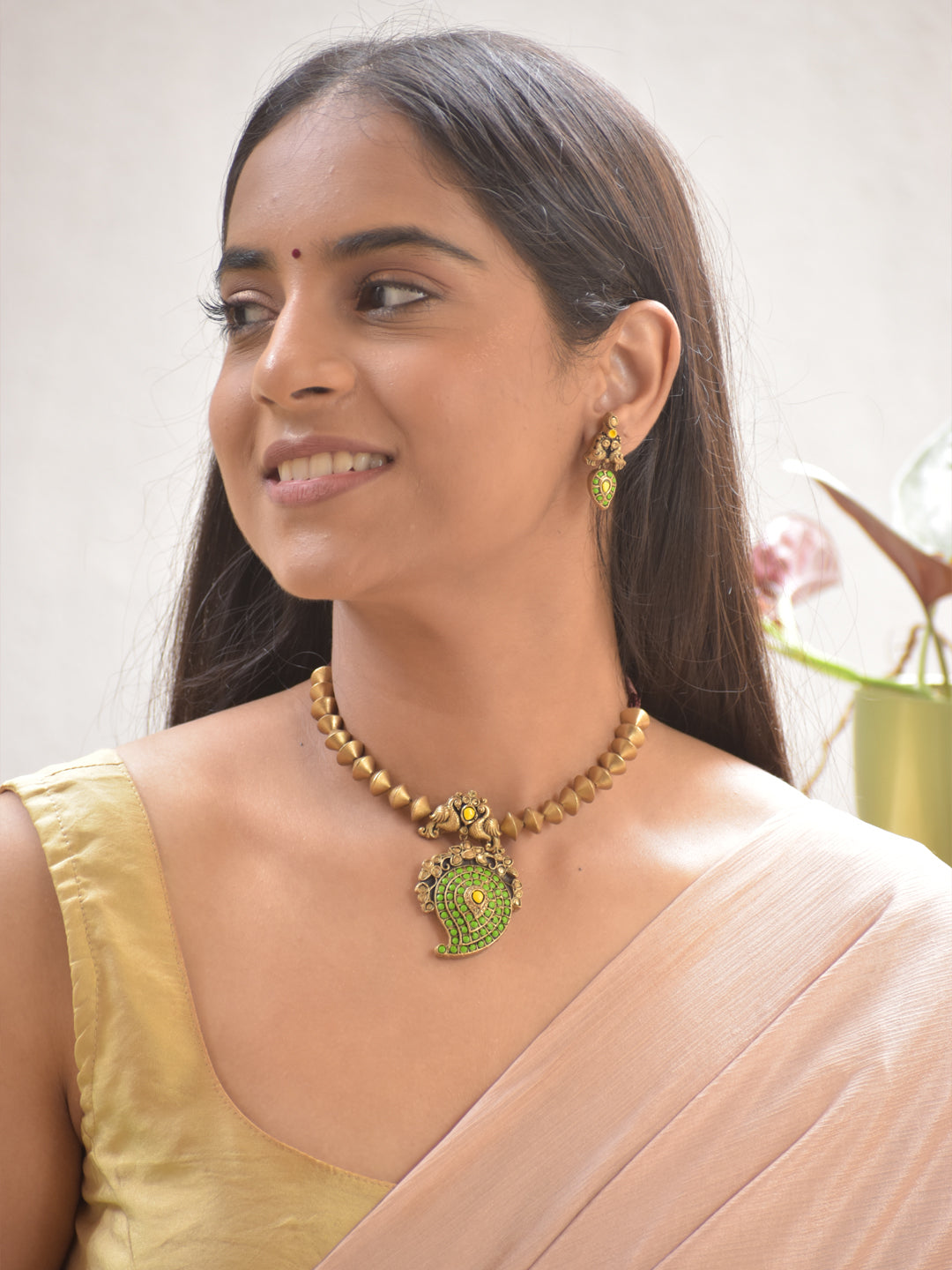 Terracotta Cone Bead Necklace with Peacock Motif & Green Paisley Pendant