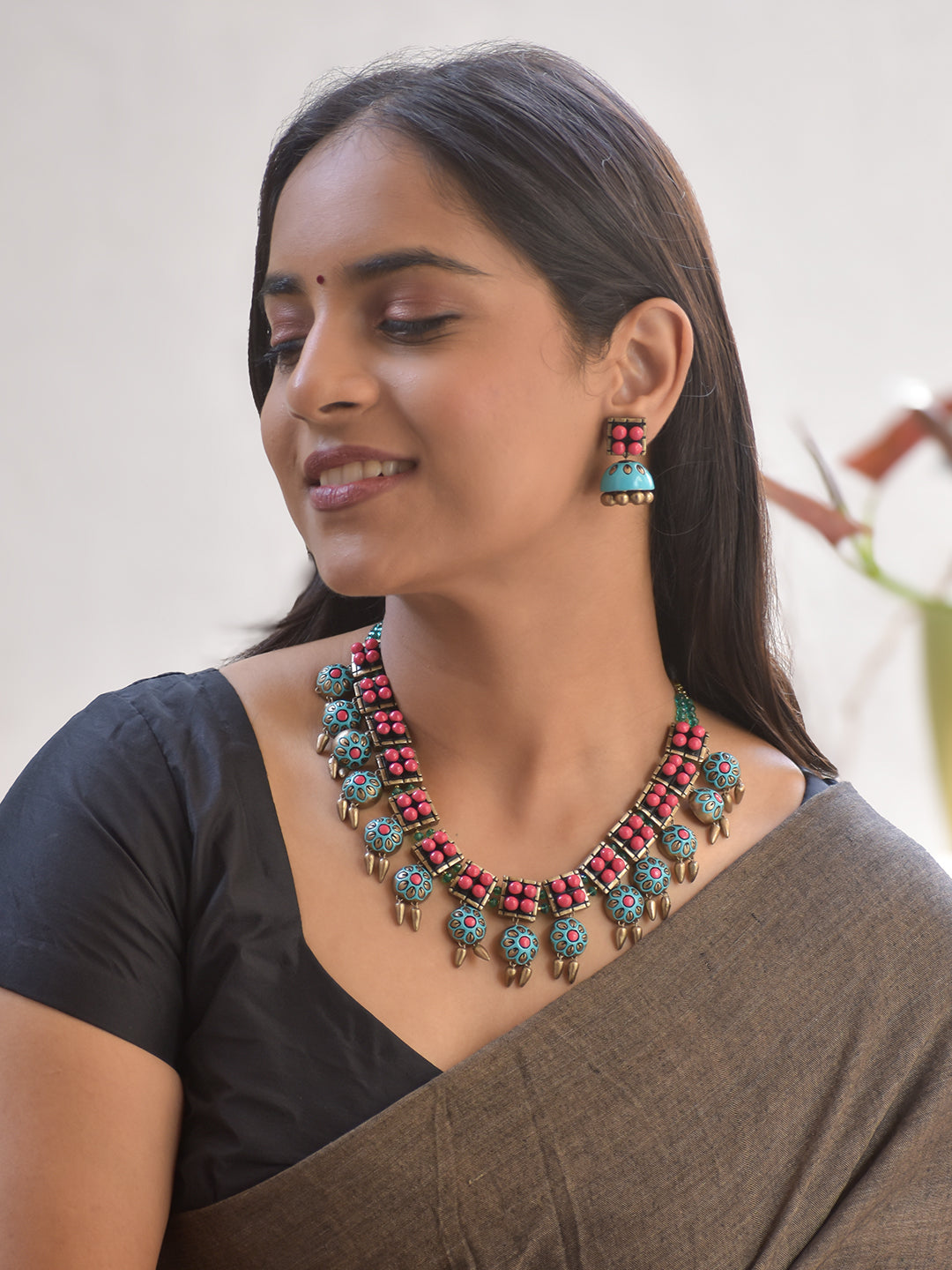 Terracotta Dual-Tone Statement Necklace with Pink and Turquoise Beads & Earrings