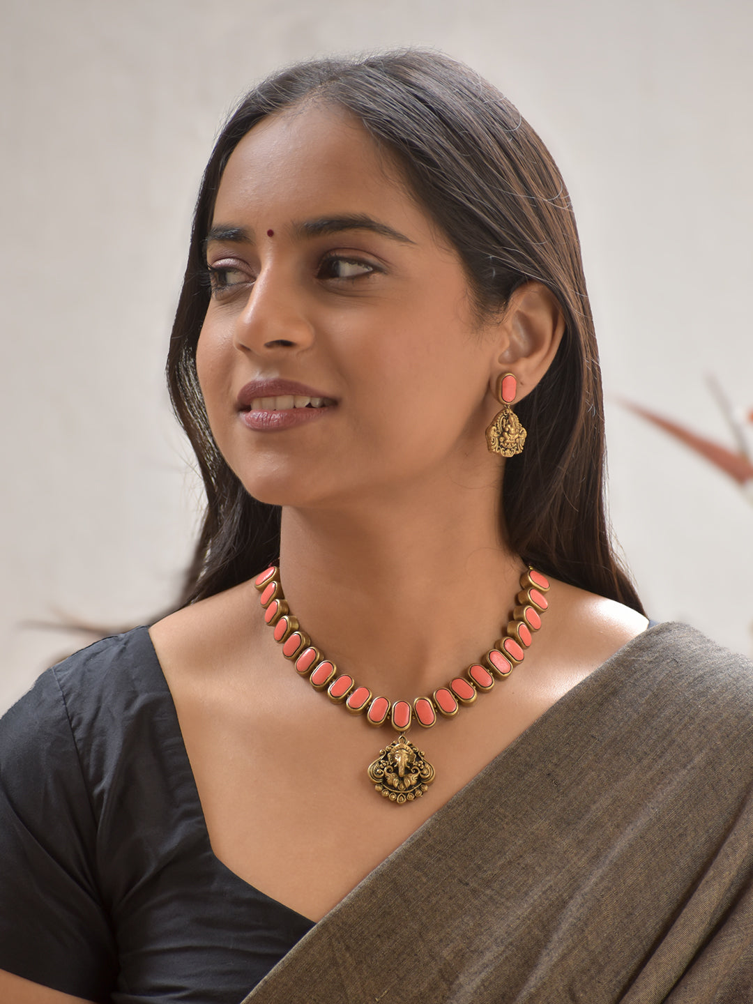 Terracotta Peach Oval Bead Necklace with Ganesha Pendant & Earrings