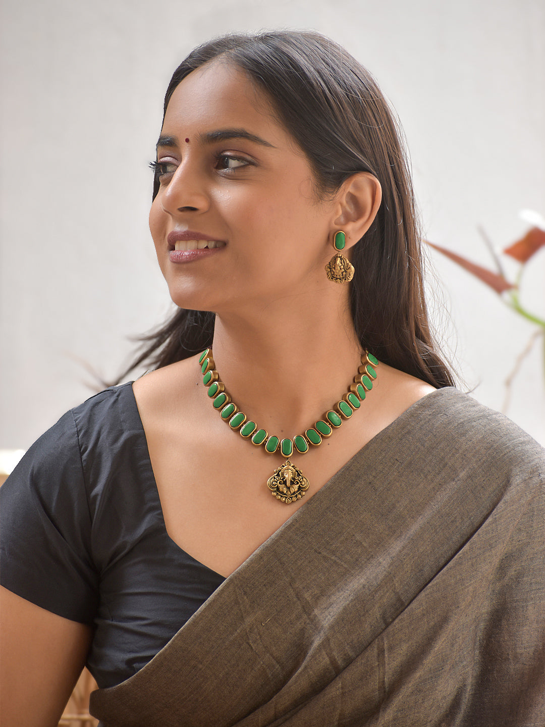 Terracotta Dark Green Oval Bead Necklace with Ganesha Pendant & Earrings