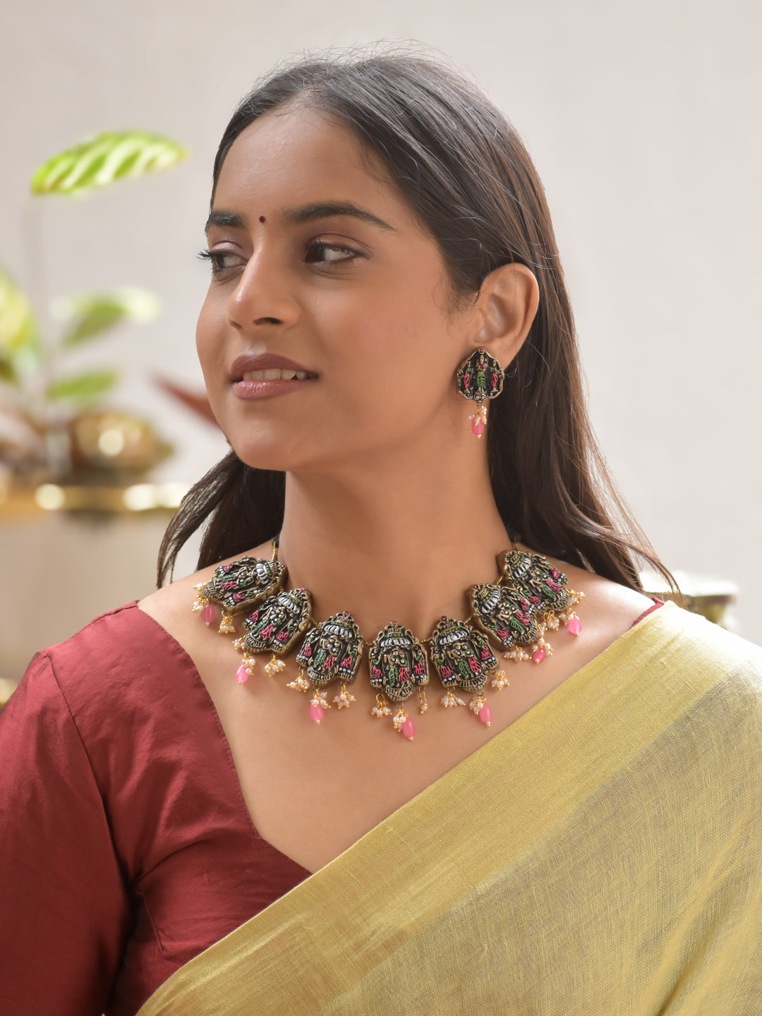 Terracotta Black Temple Necklace with Multicolor Detailing & Pink Bead Drops