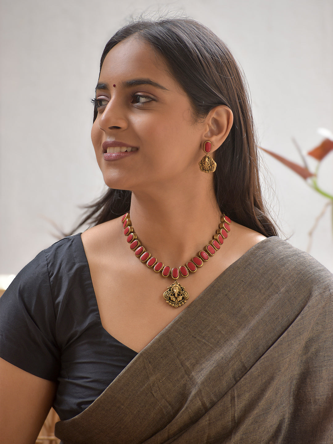 Terracotta Maroon Oval Bead Necklace with Ganesha Pendant & Earrings
