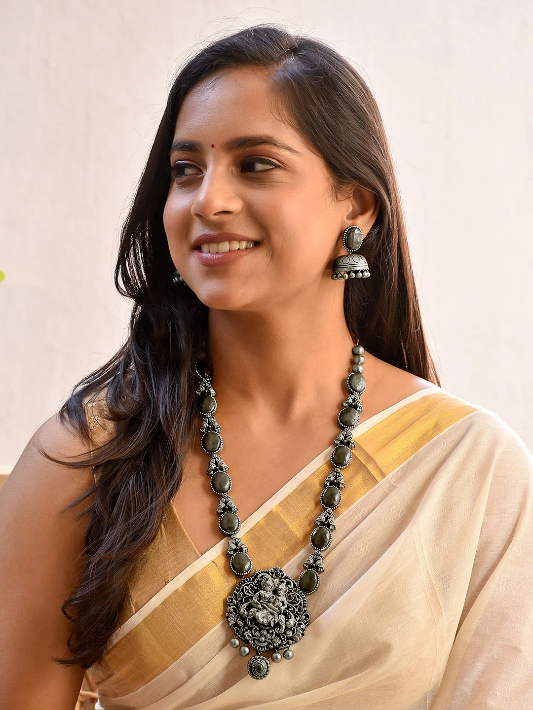 Beautifully Handcrafted Temple Terracotta Jewellery Set in Black & Antique Silver