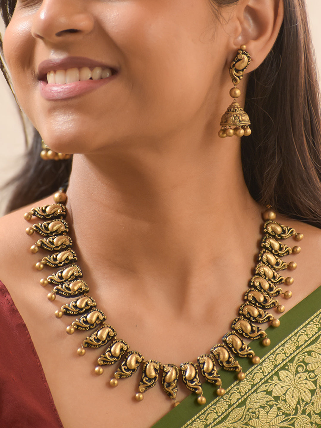Antique Gold Peacock Design Handmade Terracotta Necklace Set