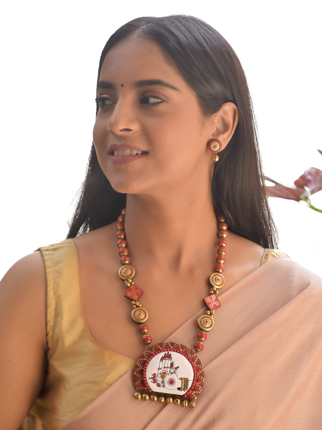 Select Style_Studs | Terracotta Red Beaded Necklace with Hand-Painted Tribal Village Pendant