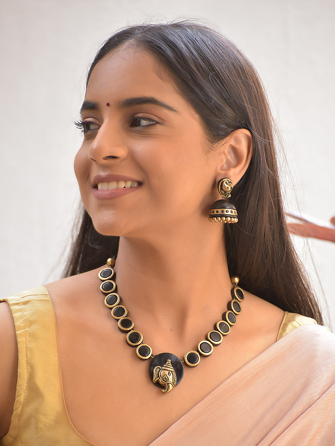 Terracotta Black Round Bead Necklace with Ganesha Pendant & Jhumka Earrings