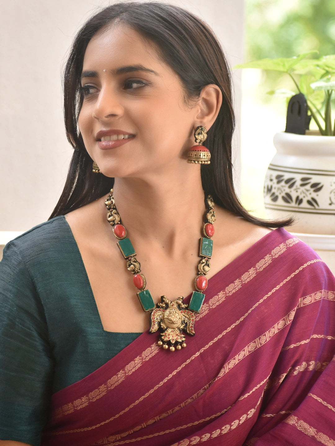 Red & Green Stone Peacock Temple Necklace Set