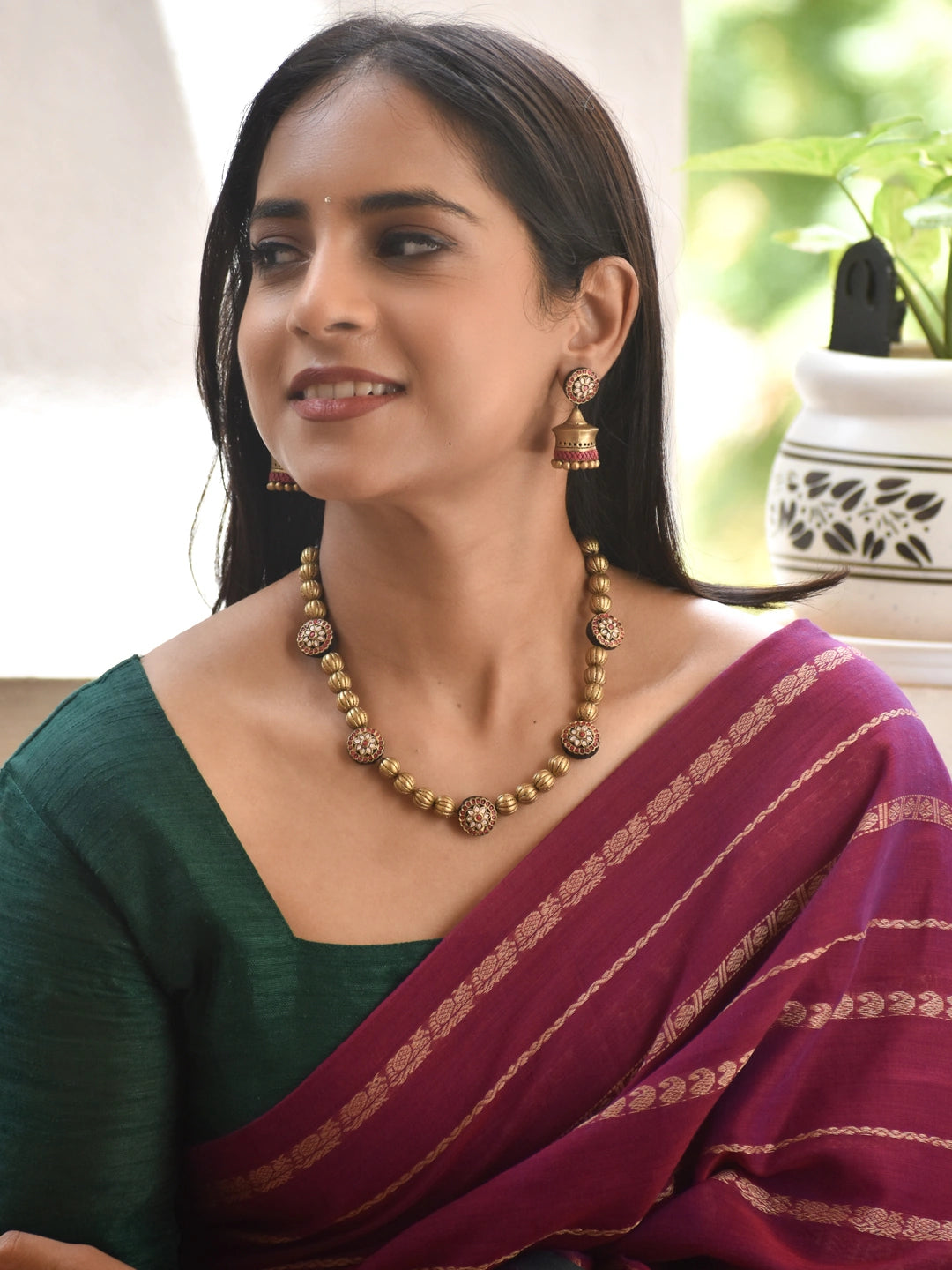 Antique Gold Floral Beaded Necklace & Jhumka Set