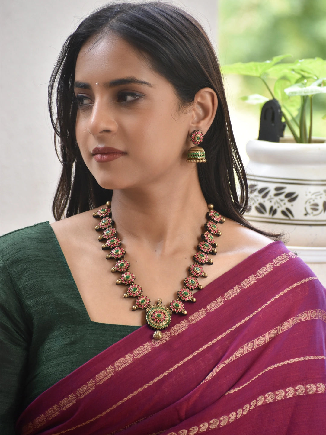 Red & Green Floral Temple Necklace Set