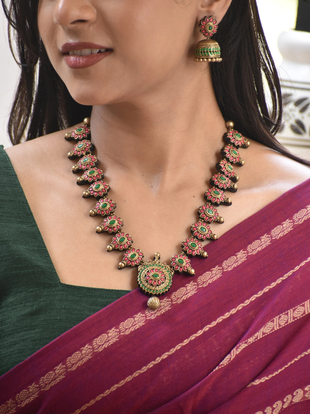Red & Green Floral Temple Necklace Set