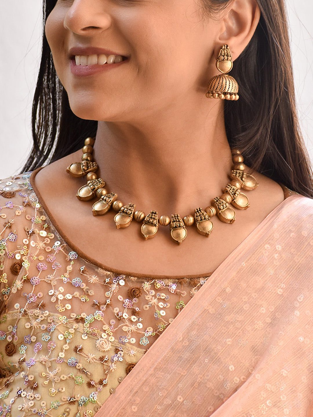 Beautifully Handmade Petal Motif Terracotta Jewellery Set in Antique Gold