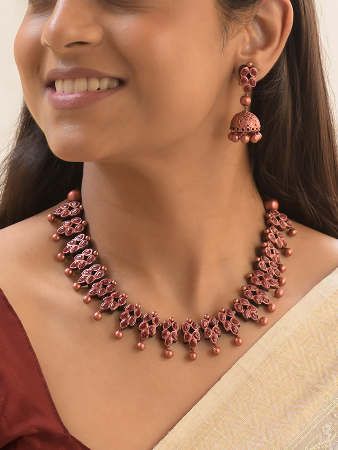 Copper Finish Leaf Design Handmade Terracotta Necklace Set