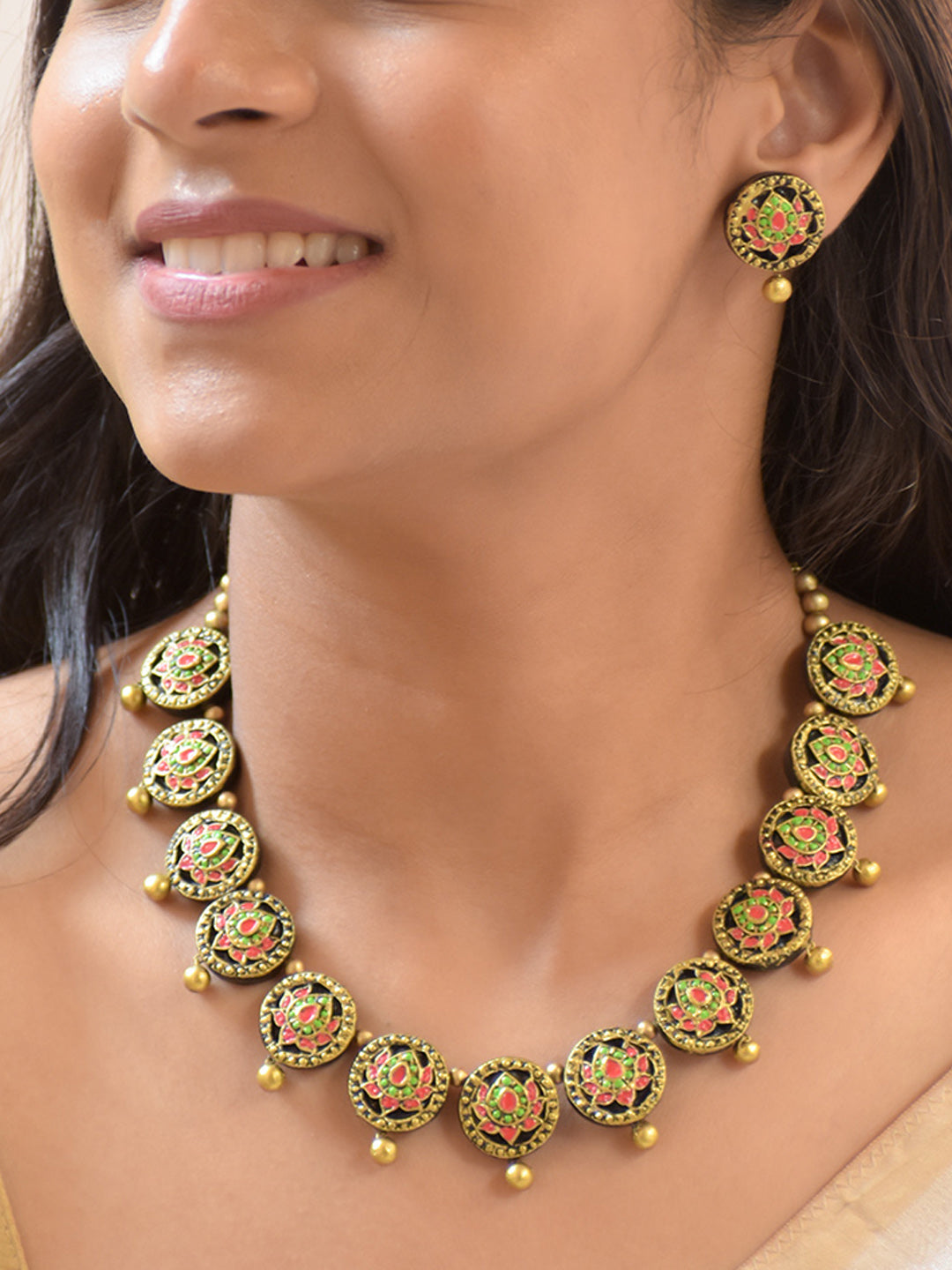 Handcrafted Terracotta Lotus Motif Choker Set in Antique Gold with Pink & Green Accents
