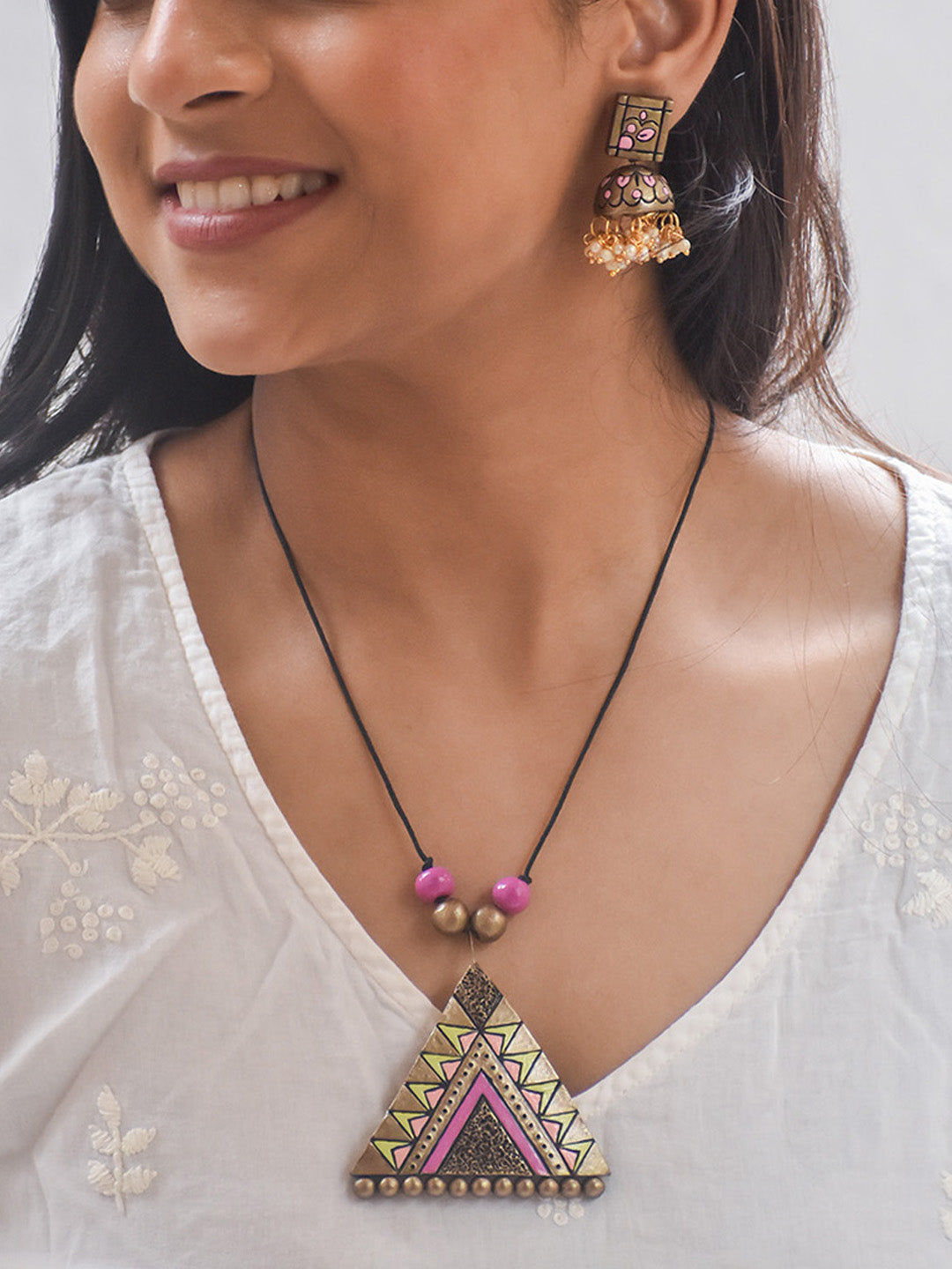 Handcrafted Terracotta Tribal Triangle Necklace Set with Pink & Gold and Matching Earrings