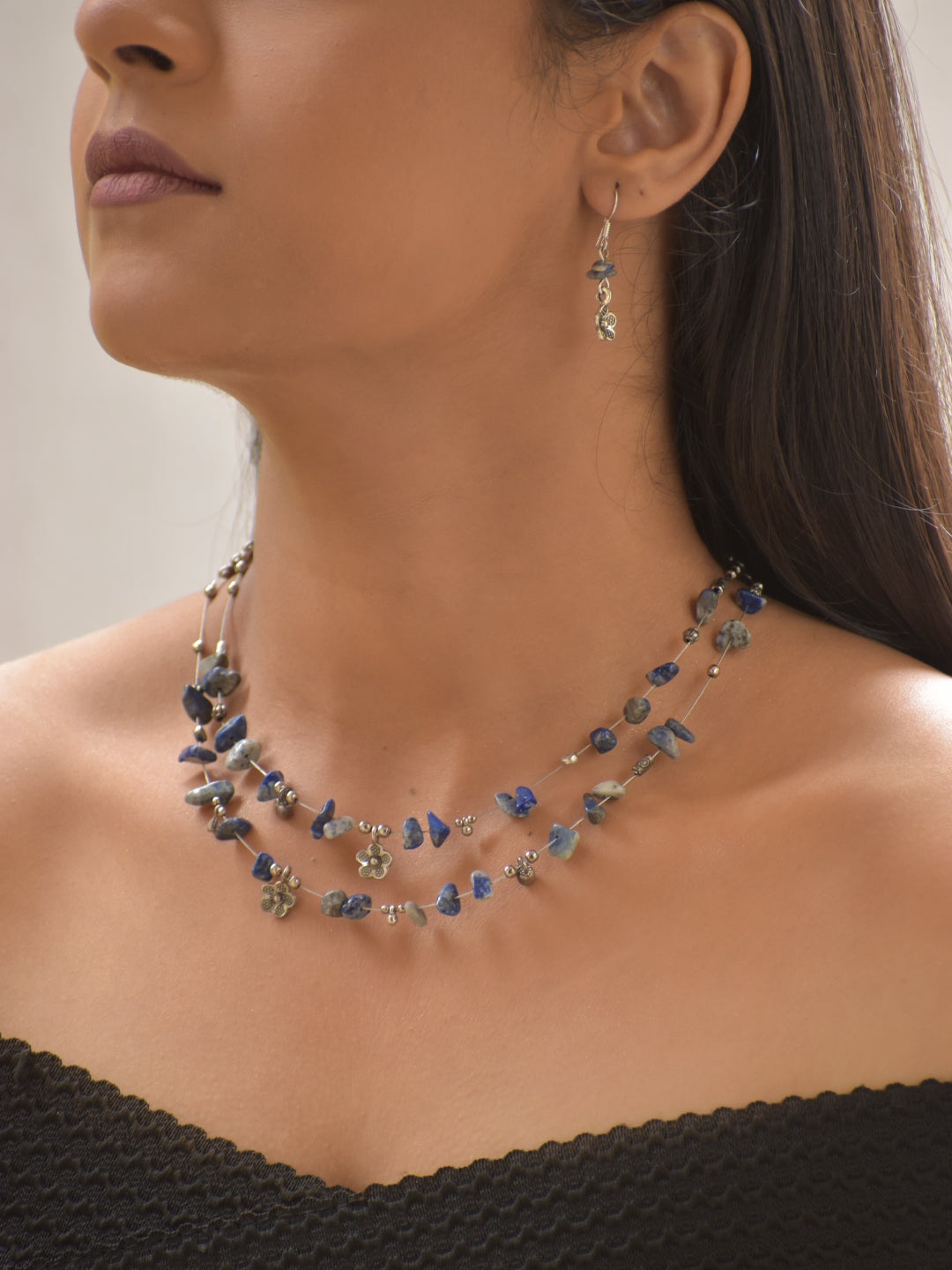 AquaVibe – Blue Agate Two-Layer Necklace Set with German Silver Motifs & Matching Earrings
