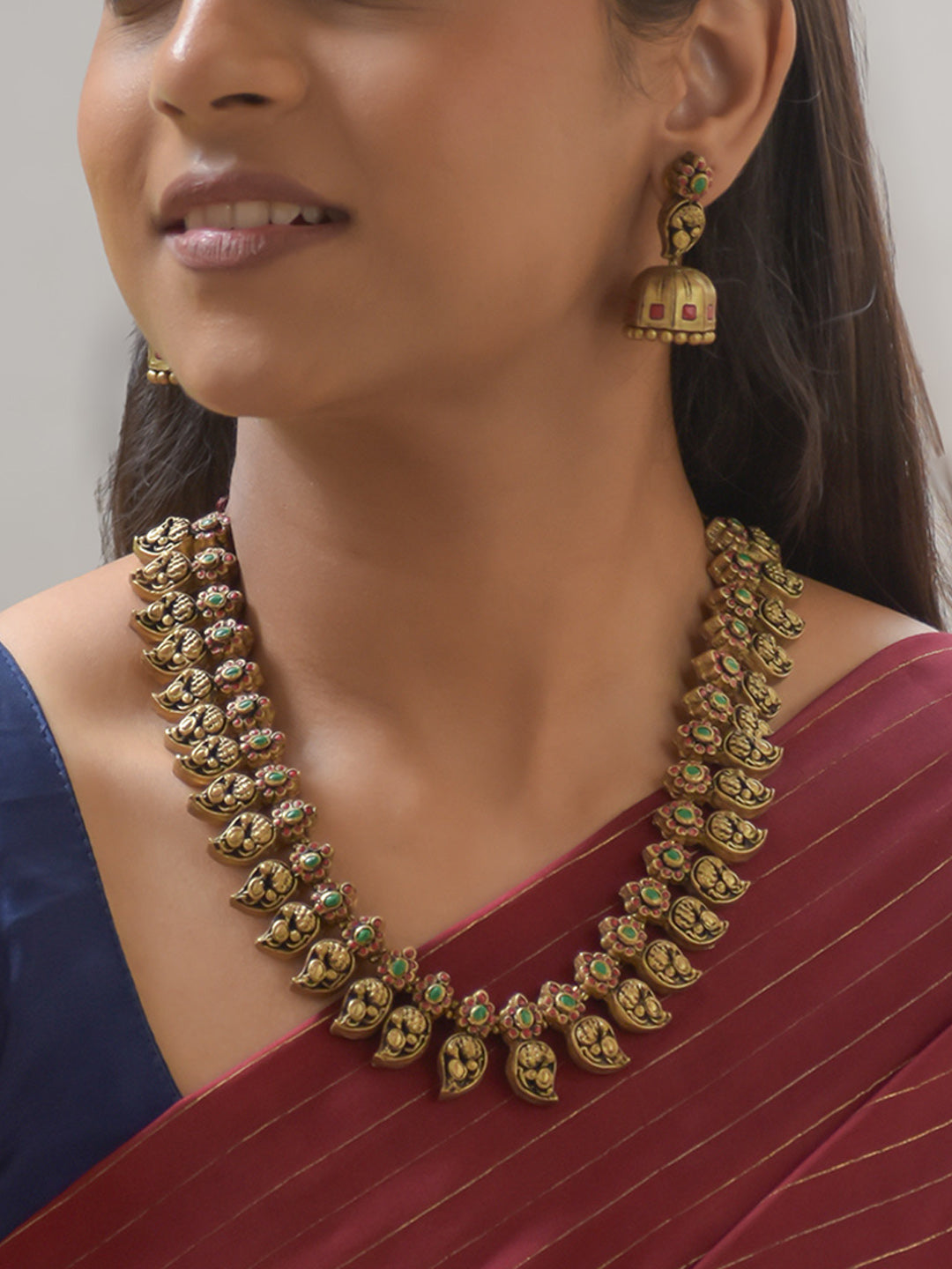 Amalaka - Handcrafted Terracotta Mango Motif Necklace Set with Green-Red Floral Accents and Antique Finish Earrings