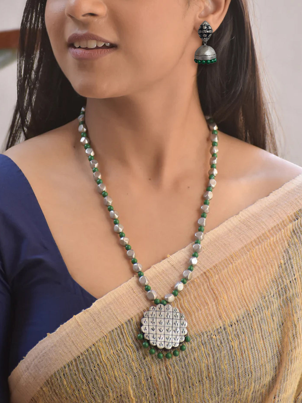 Handmade Terracotta Green and Silver Hand-Painted Beaded Necklace