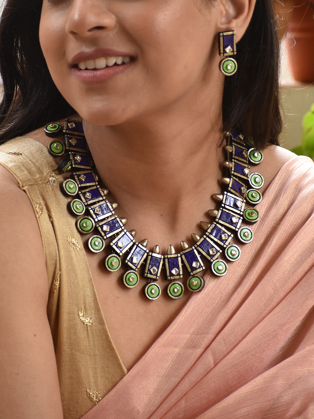 Beautifully Handcrafted Geometric Terracotta Jewellery Set in Violet, Green & Antique Bronze with Kundan Stones