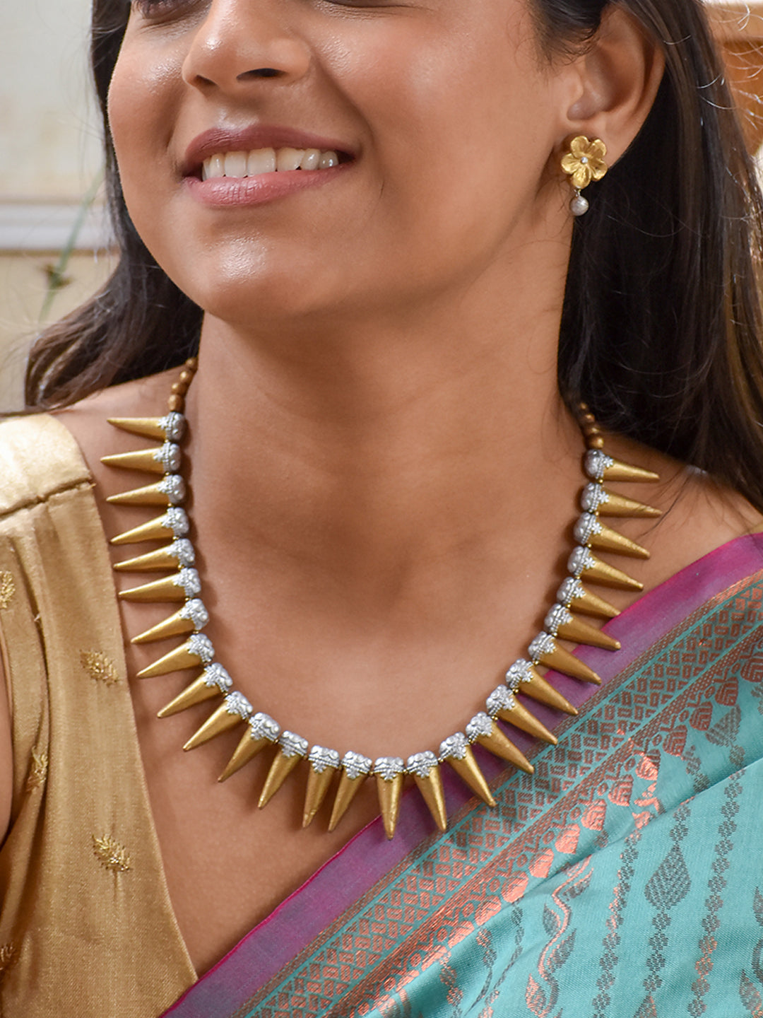 Handcrafted Spiked Design Terracotta Jewellery Set in Gold & Silver