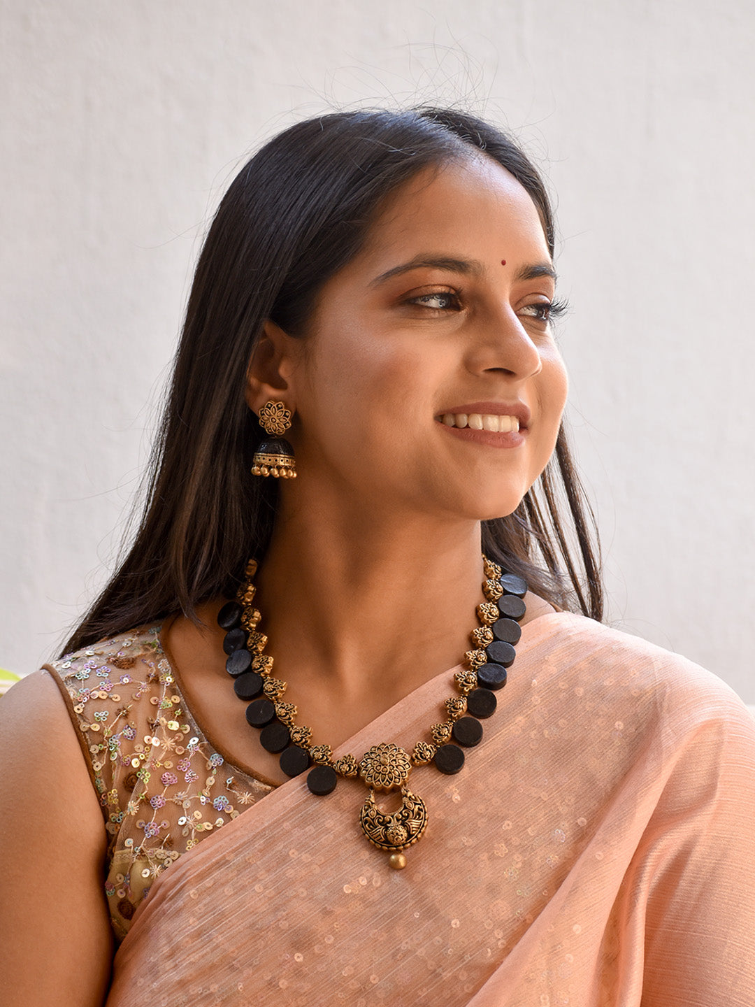 Beautifully Handmade Black & Antique Gold Coin Design Terracotta Jewellery Set