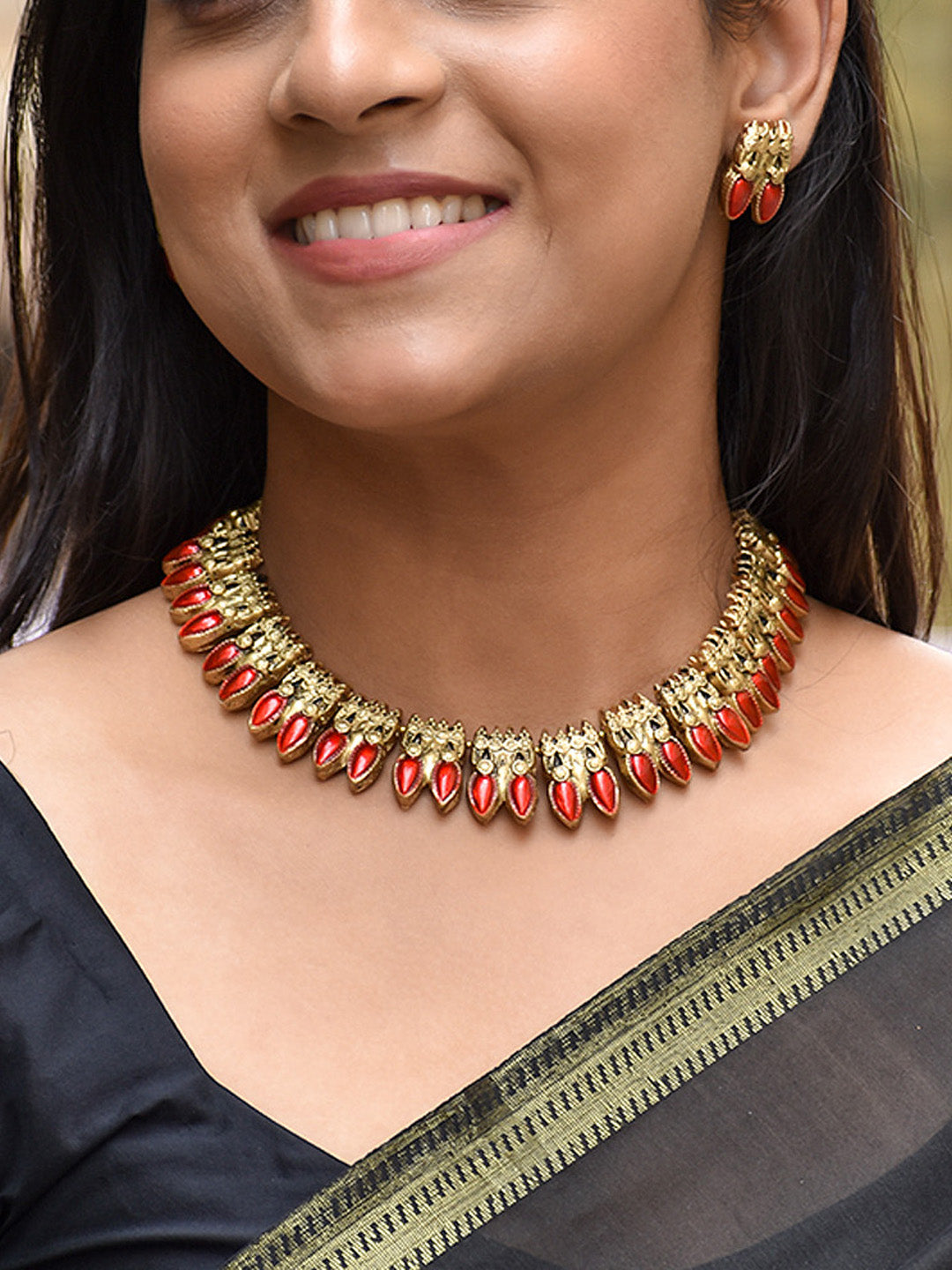 Antique Gold-Toned Terracotta Choker Set with Red Teardrop Accents and Matching Earrings