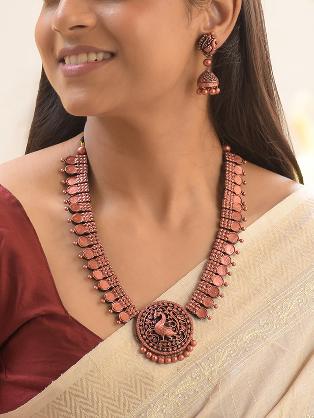 Copper Finish Peacock Coin Design Handmade Terracotta Necklace Set