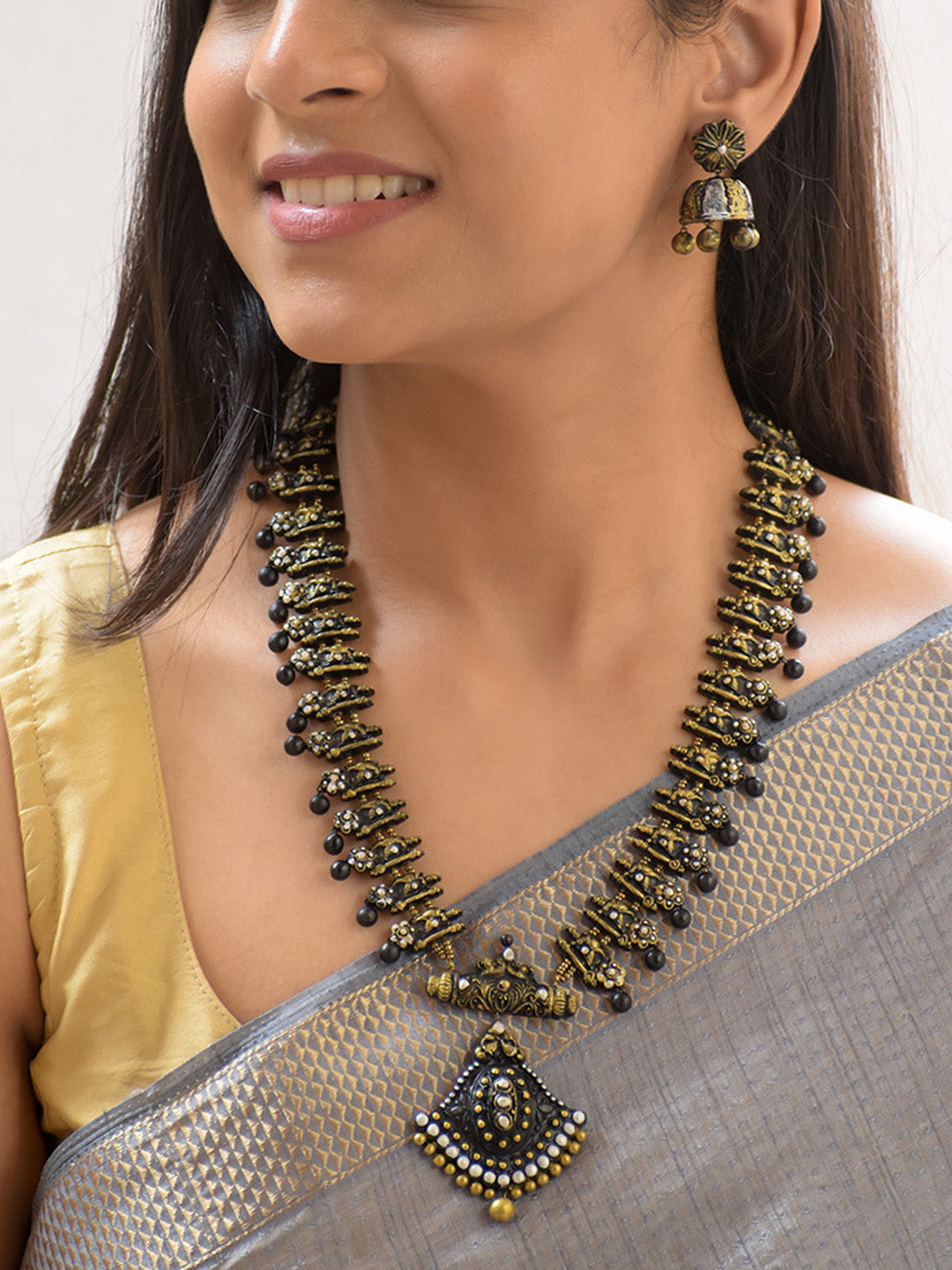 Handcrafted Antique Gold Black Beaded Temple Pendant Necklace Set with Floral Earrings